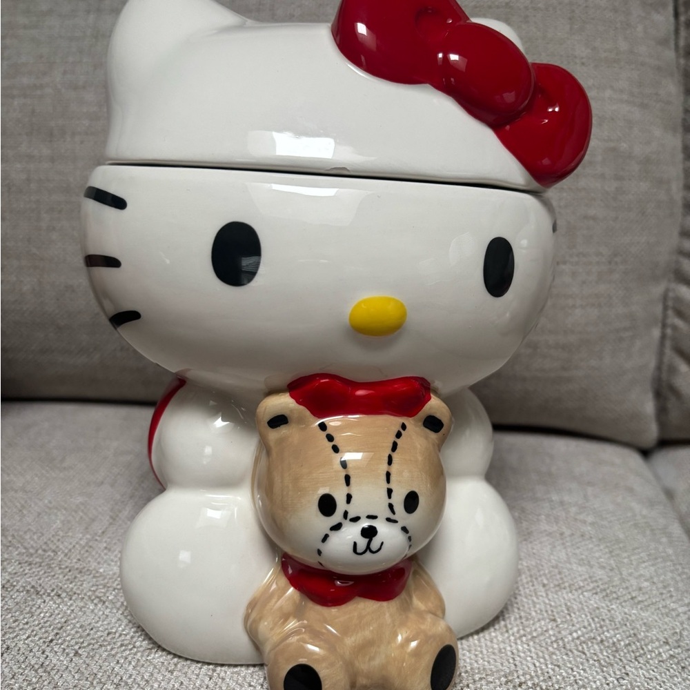 Blue Sky Red and White Ceramic Cat with Bear Accent